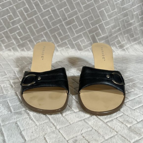 Parade Womens 7 Sandal Wedge Heels Black Leather Slip On with Silver Tone Detail - Picture 2 of 9